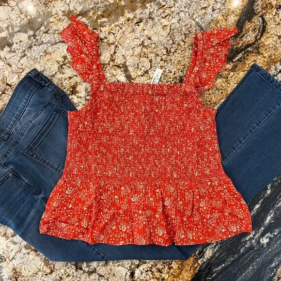 NWT Madewell Fresh Chili Red Lucie Floral Smocked Peplum Top - Picture 5 of 10